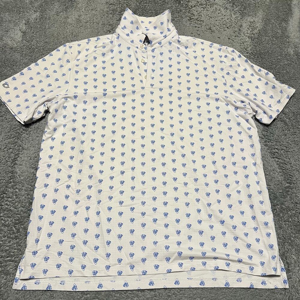 Ibkul Polo Golf Shirt Mens XL Dog Pattern Performance UPF 50+ White Blue